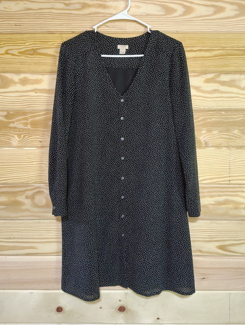 J. Crew Midi Dress XS Oversized Black Polka Dot Long-Sleeve Button Up  Preppy